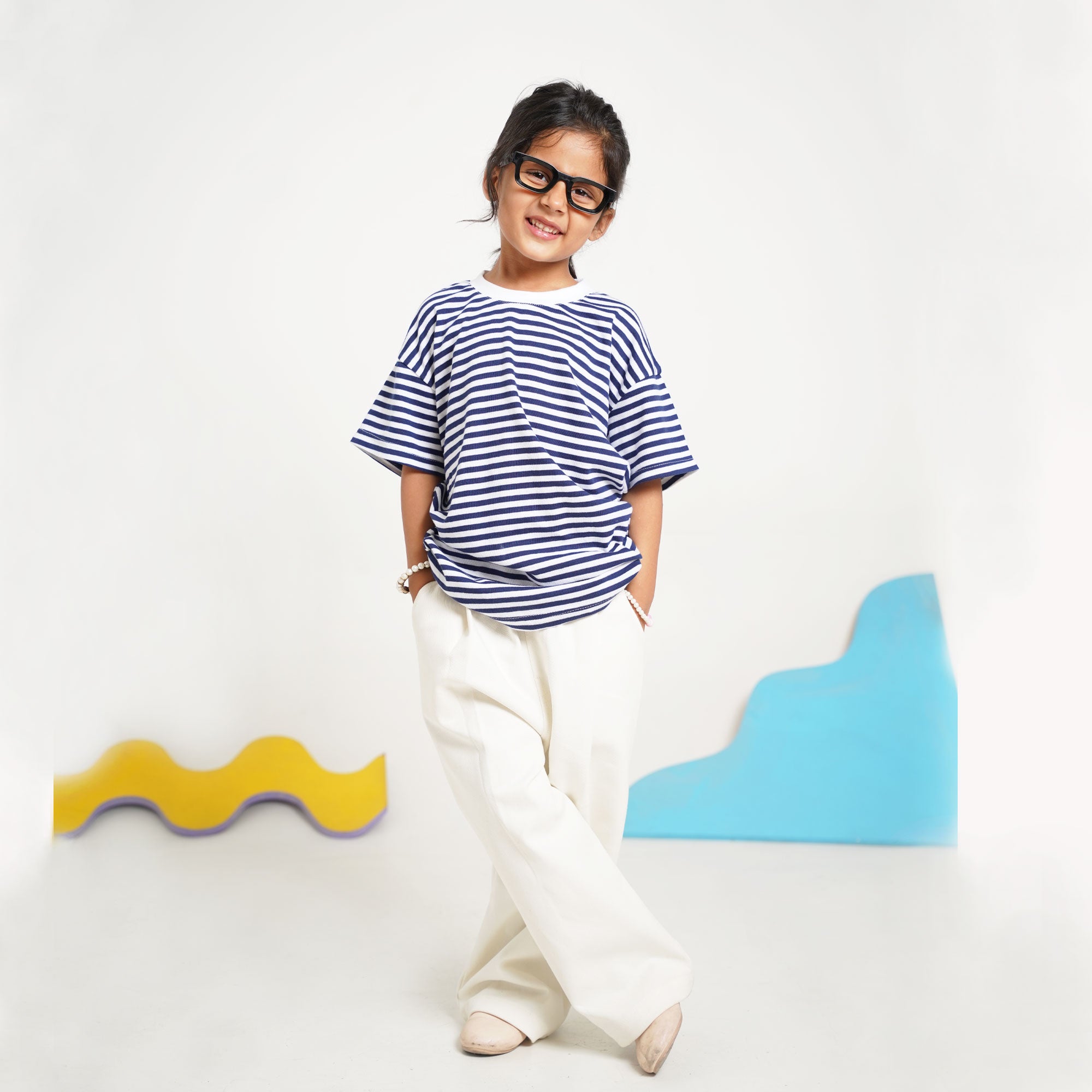 Navy Stripe Top with White Cotton Pants