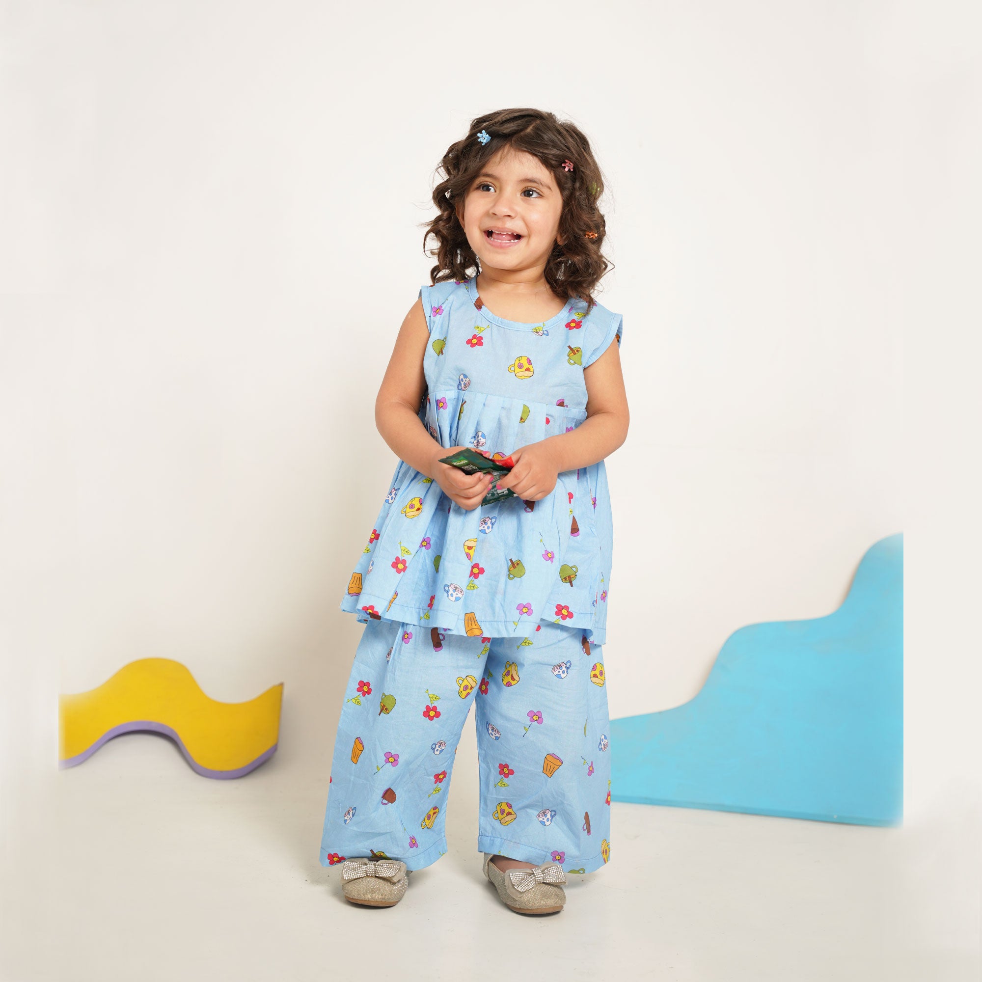 Blue Printed Top with Matching Capri Culotte Pants