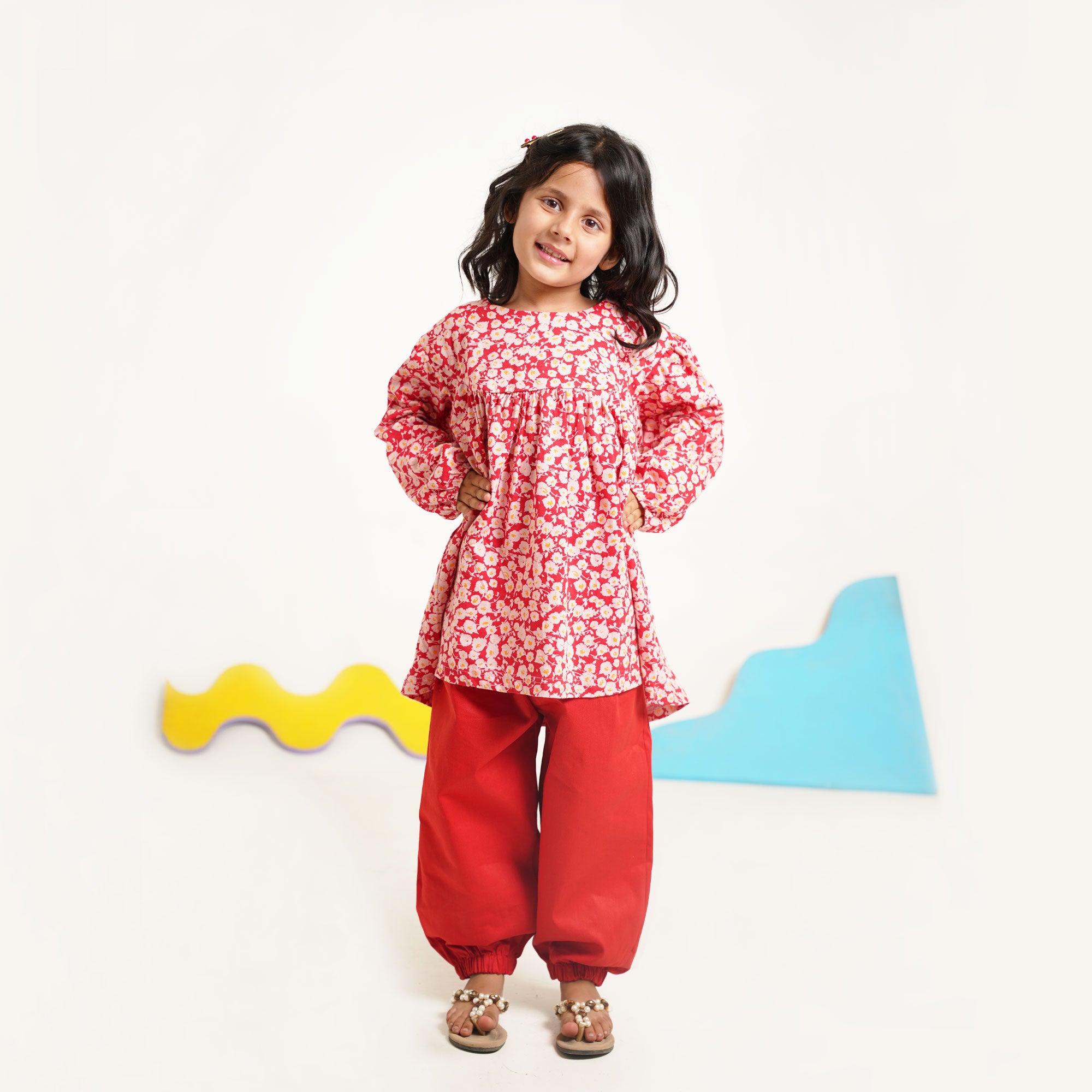 Burgundy Blossom Yolk Top with Balloon Trouser
