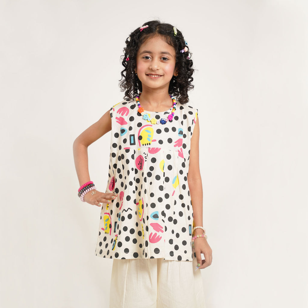 Polka Print Top with Cream Culotte Capri Pants