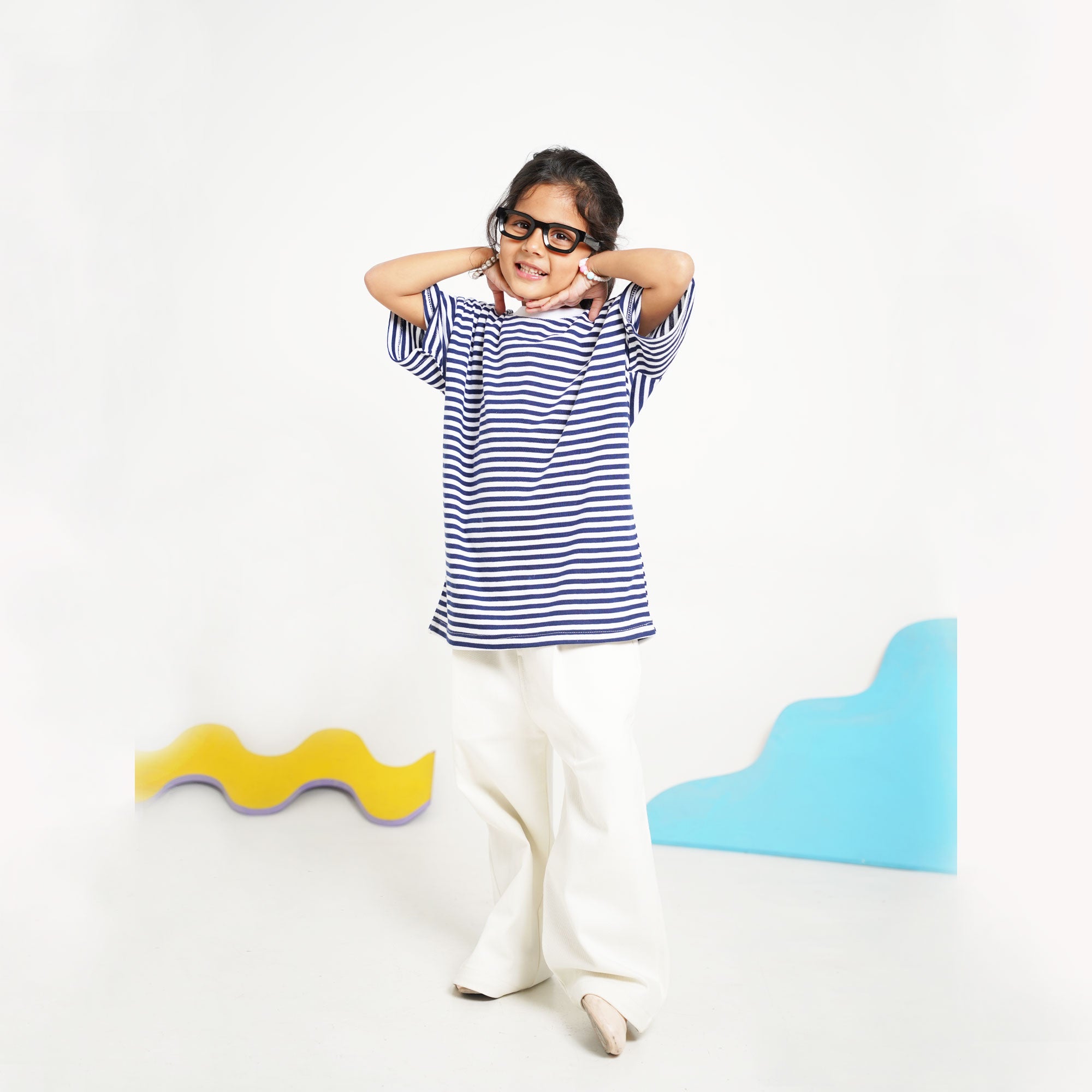 Navy Stripe Top with White Cotton Pants