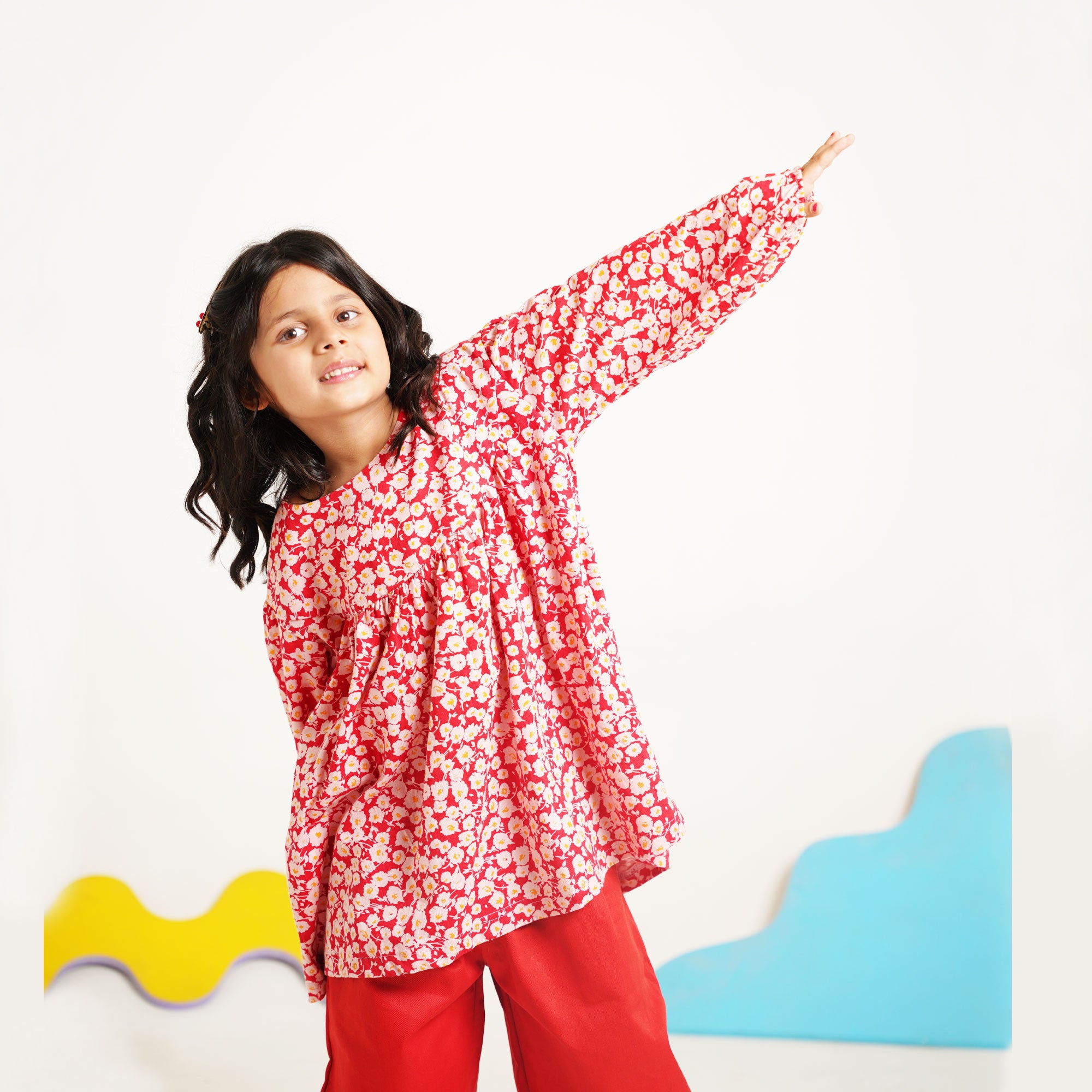 Burgundy Blossom Yolk Top with Balloon Trouser