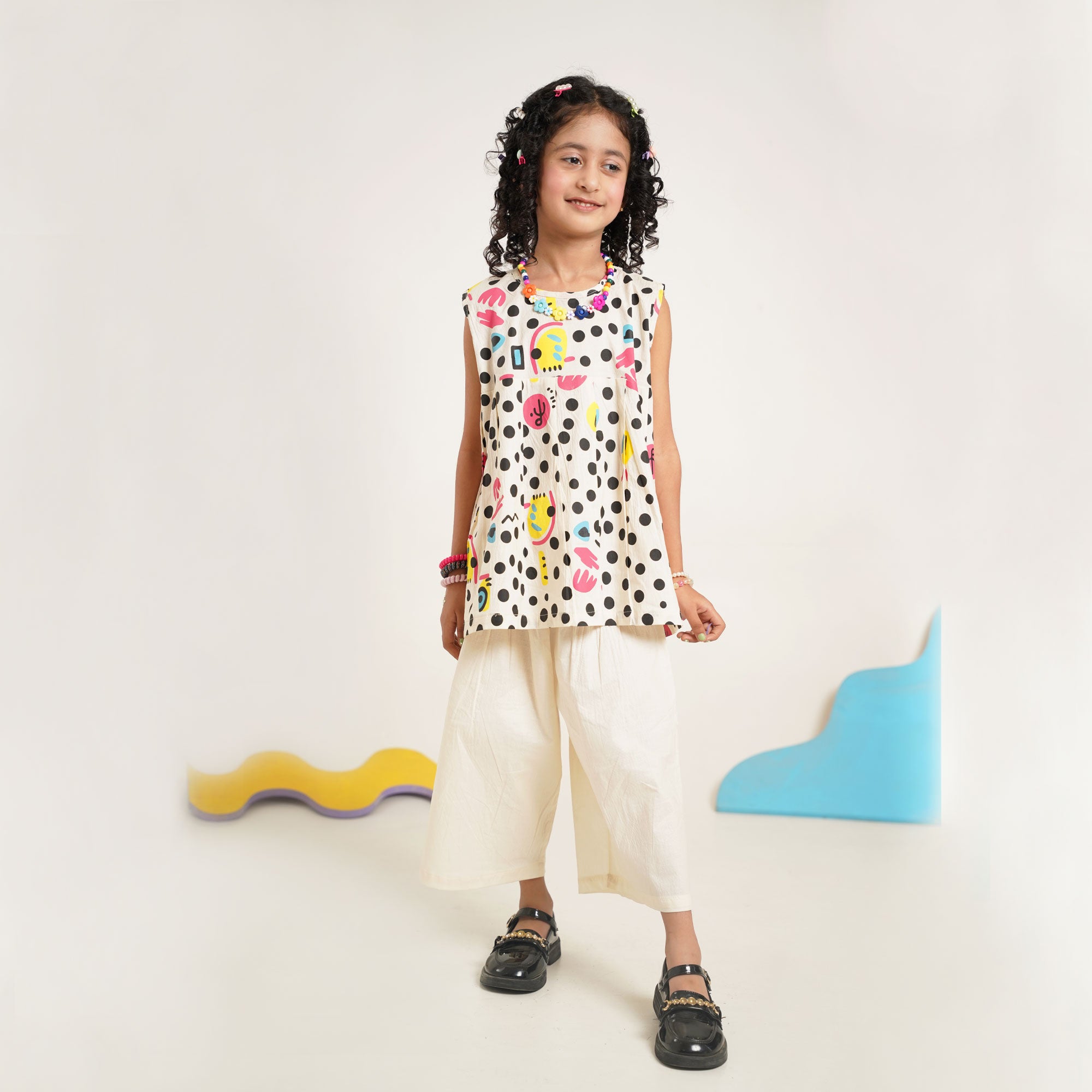 Polka Print Top with Cream Culotte Capri Pants