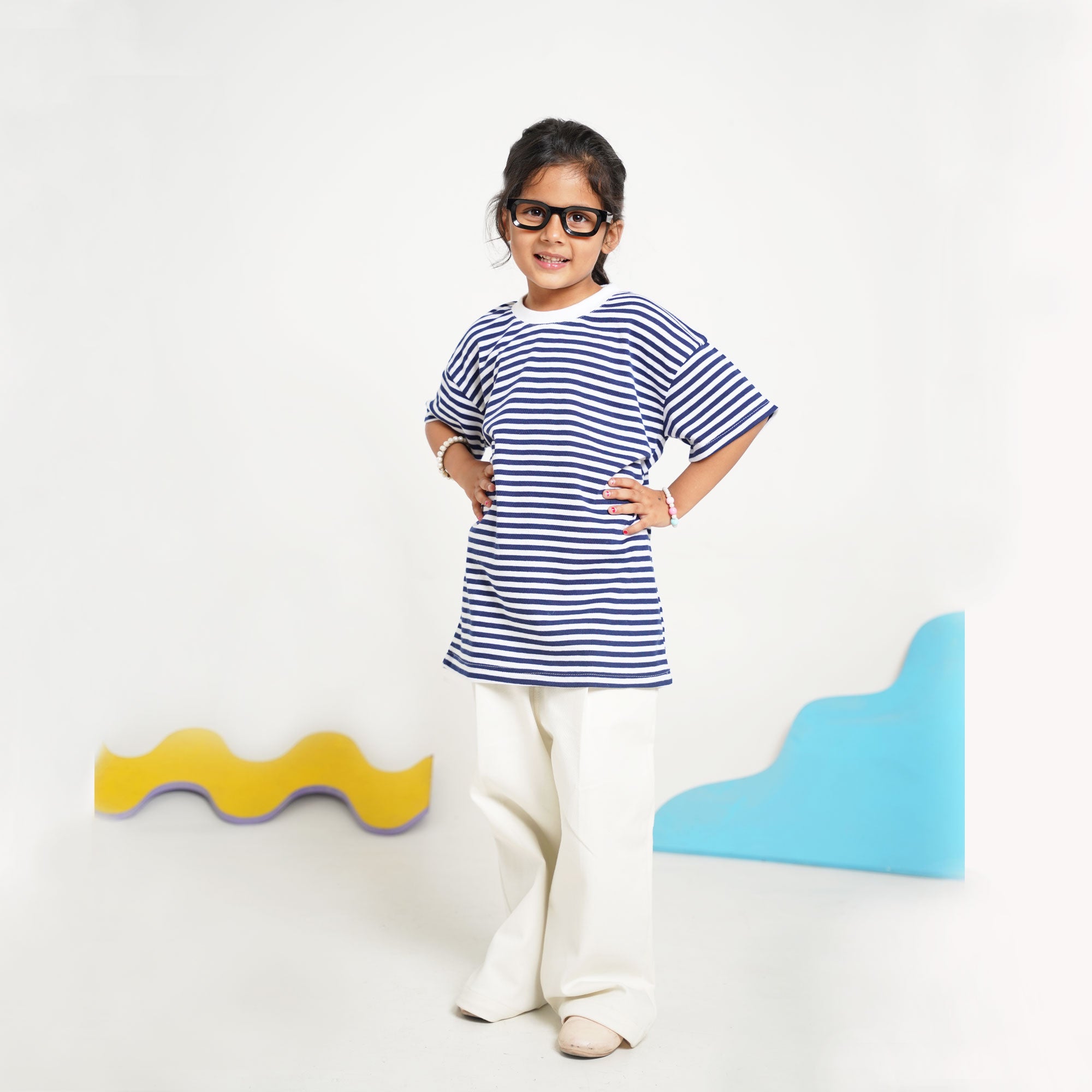 Navy Stripe Top with White Cotton Pants