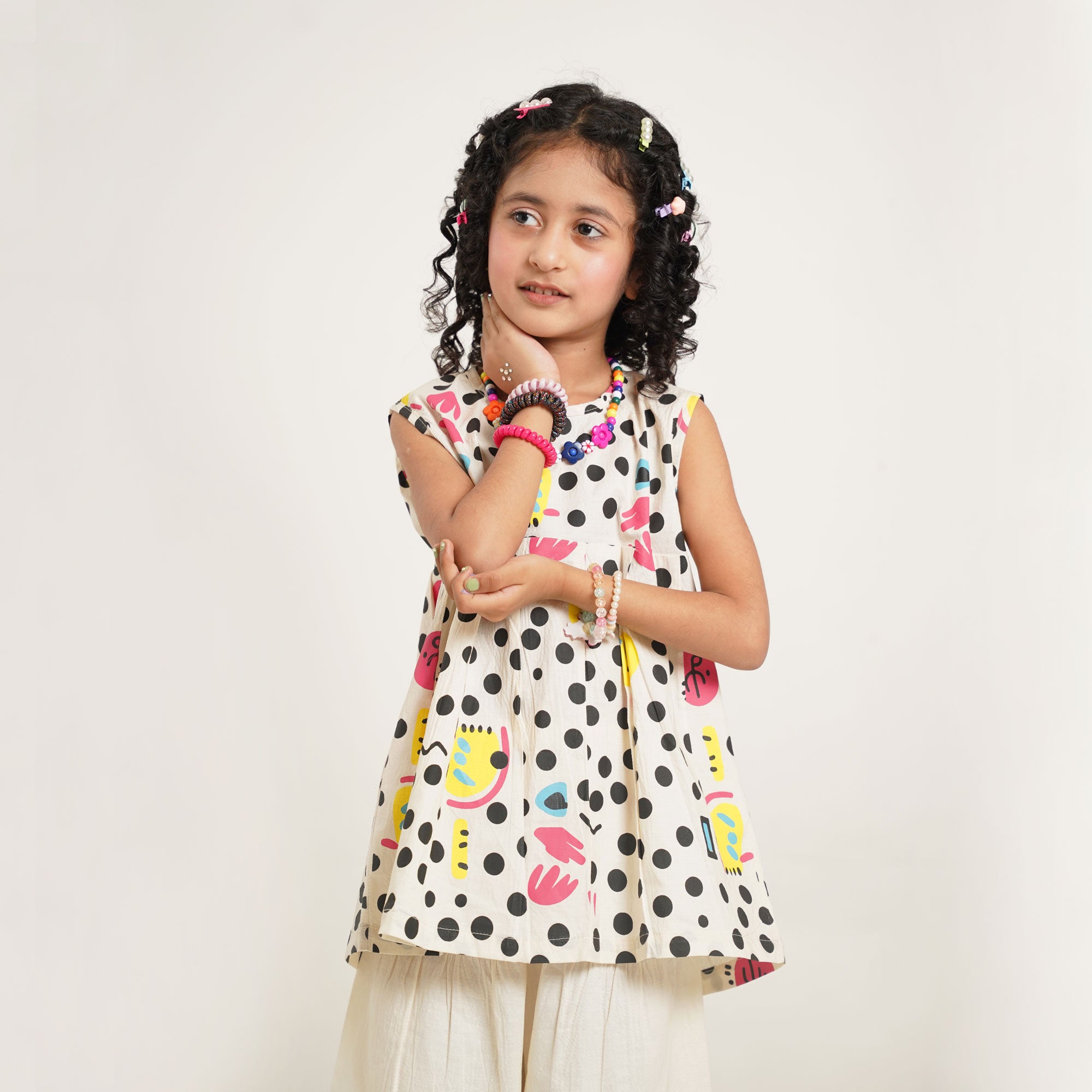 Polka Print Top with Cream Culotte Capri Pants