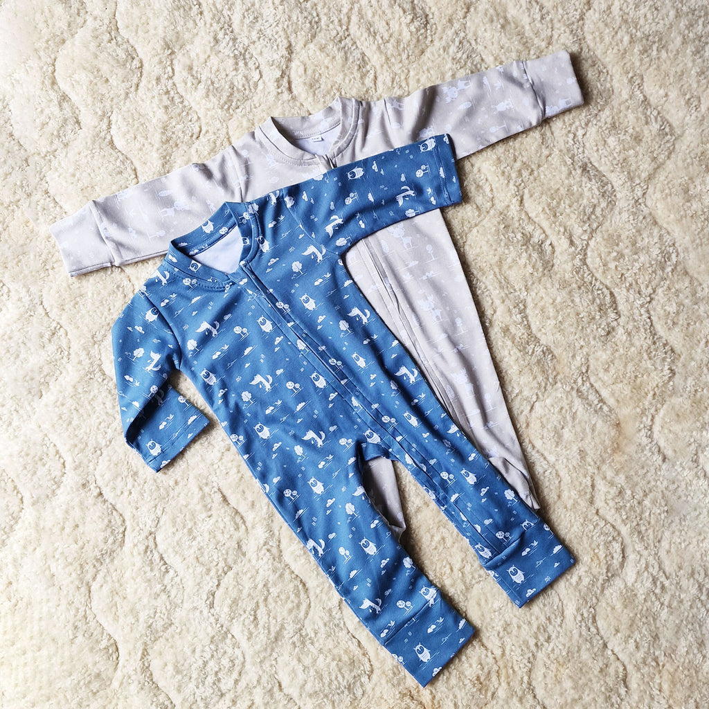 Pack of 2 Baby Cotton Rompers – Blue & Beige Printed Sleepsuits