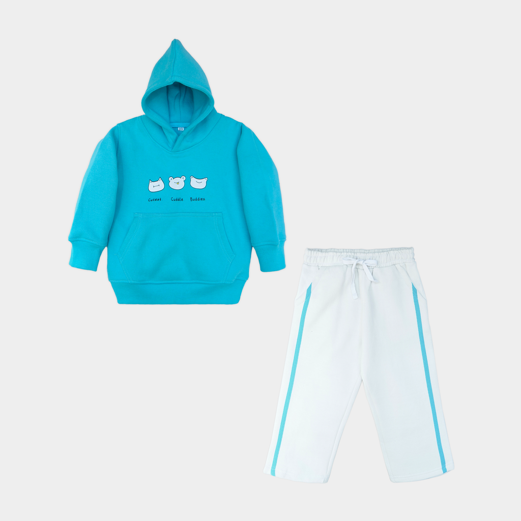 Cuddle Buddies Fleece Set – Aqua Hoodie & White Trouser