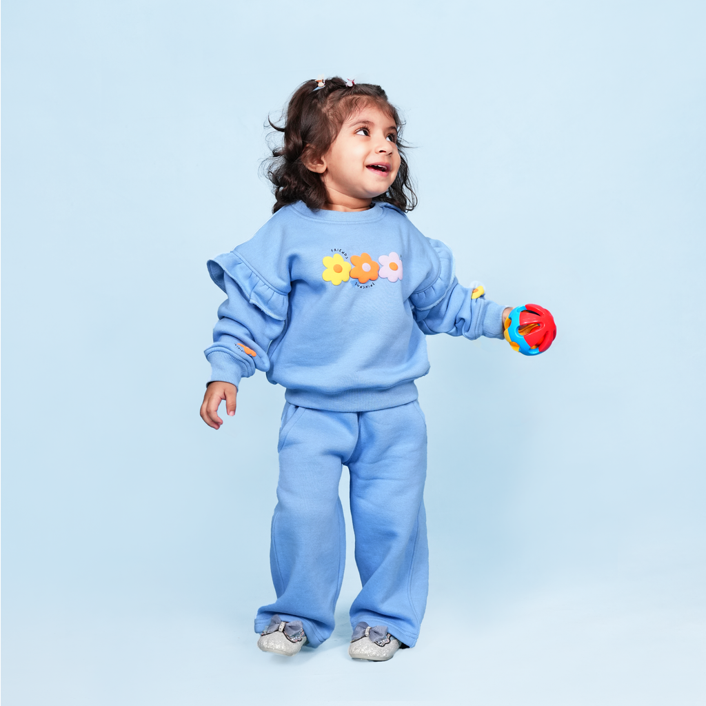 Bloom Blue Fleece Set – Puff Print Ruffle Sweatshirt & Bell-Bottom Trouser