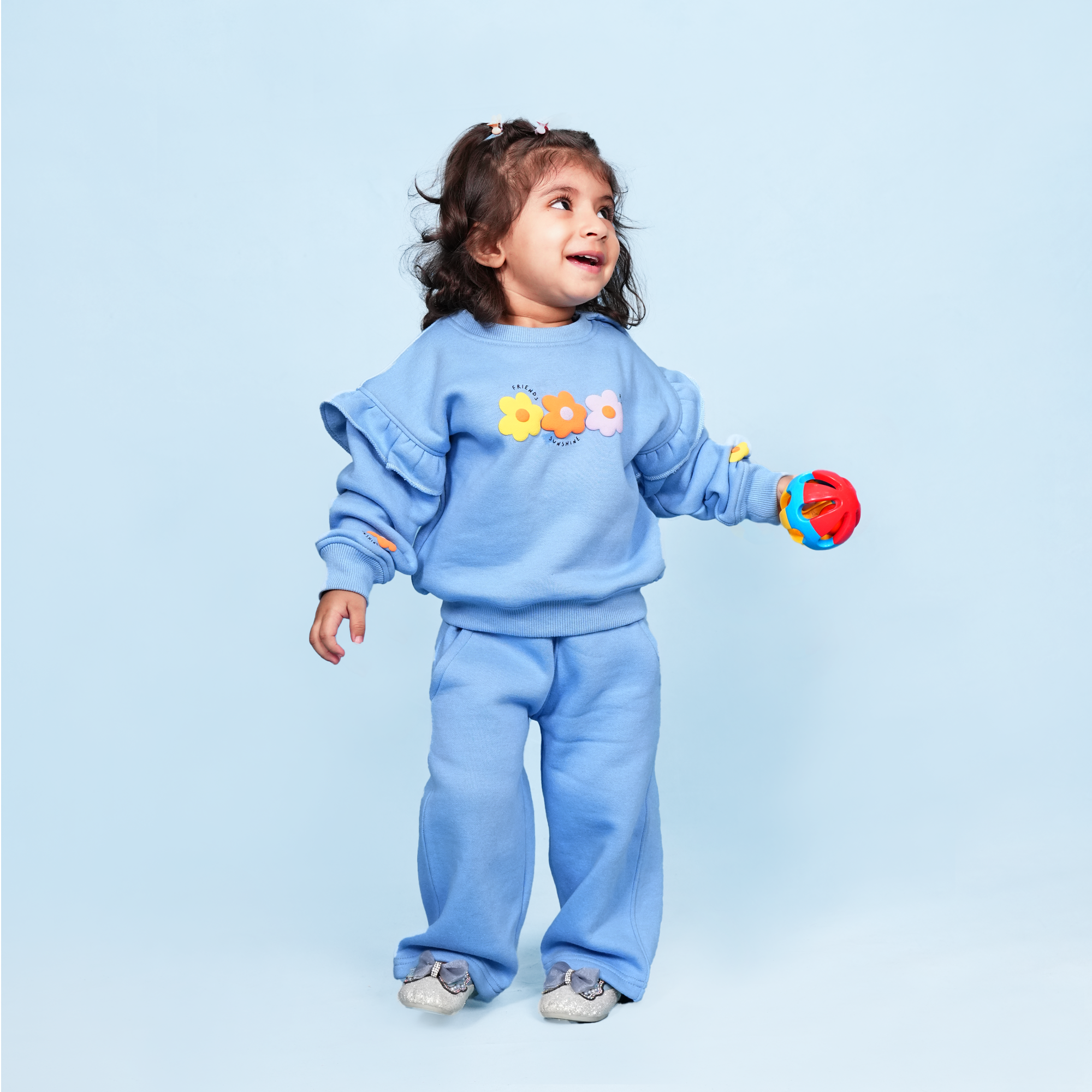 Bloom Blue Fleece Set – Puff Print Ruffle Sweatshirt & Bell-Bottom Trouser