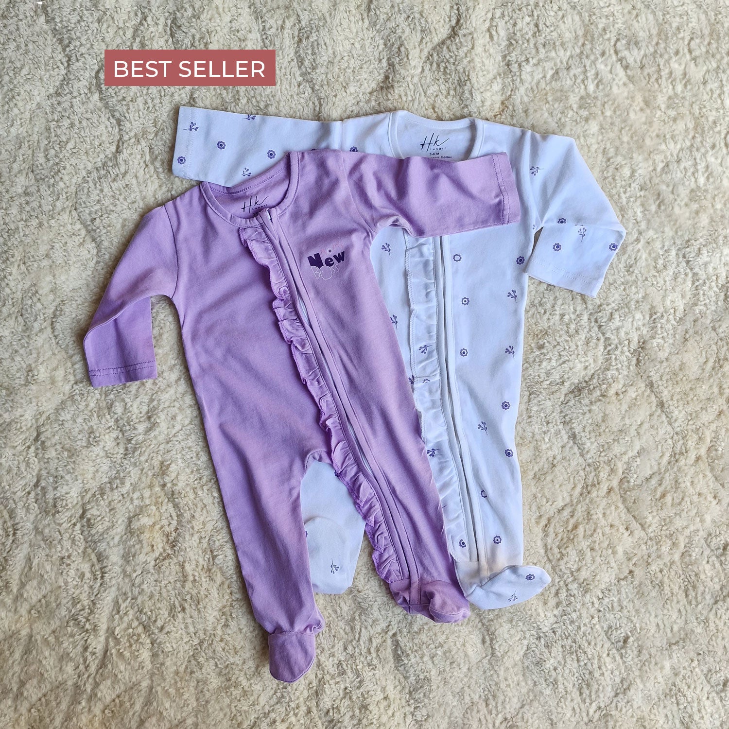 Pack of 2 Baby Cotton Rompers – Purple & White floral Sleepsuits