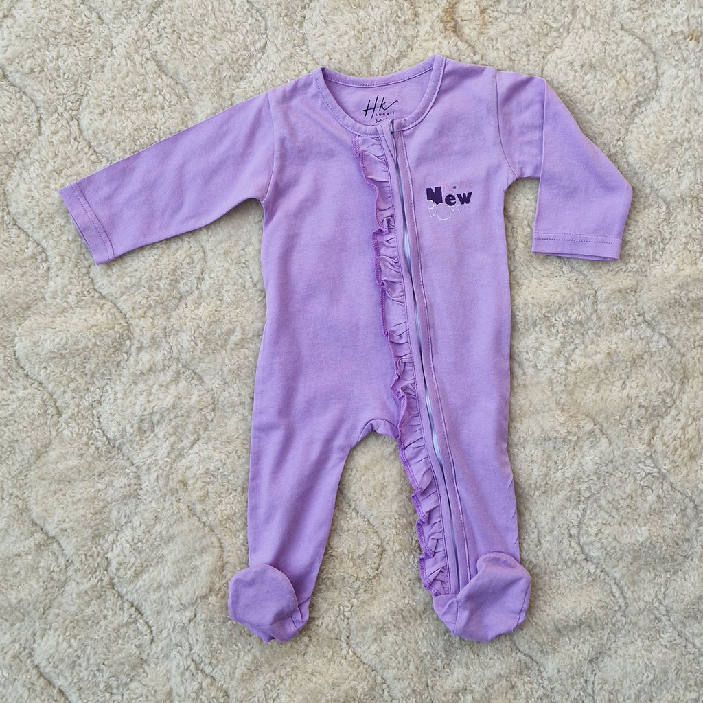 Pack of 2 Baby Cotton Rompers – Purple & White floral Sleepsuits