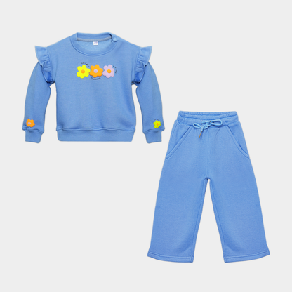 Bloom Blue Fleece Set – Puff Print Ruffle Sweatshirt & Bell-Bottom Trouser