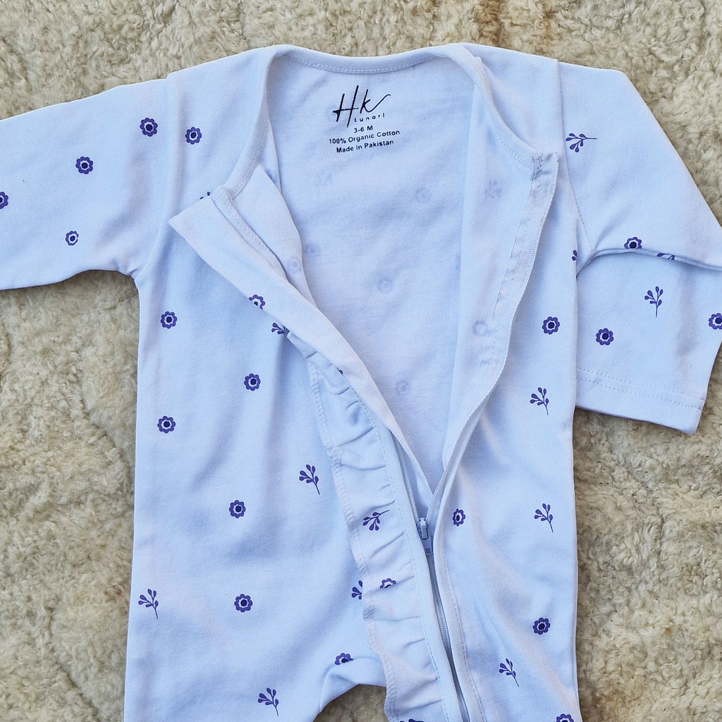 Pack of 2 Baby Cotton Rompers – Purple & White floral Sleepsuits